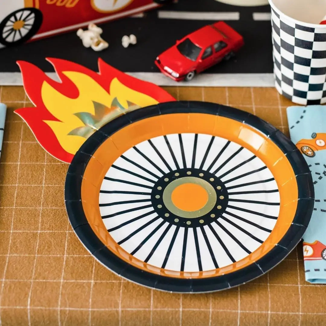 Racing Car Wheel Plates - Wheel With Flame Paper Plates - Racing Car Party Supplies - F1 Theme - Kids Birthday Party Supplies - Pack of 6 - Jolie Fete UK