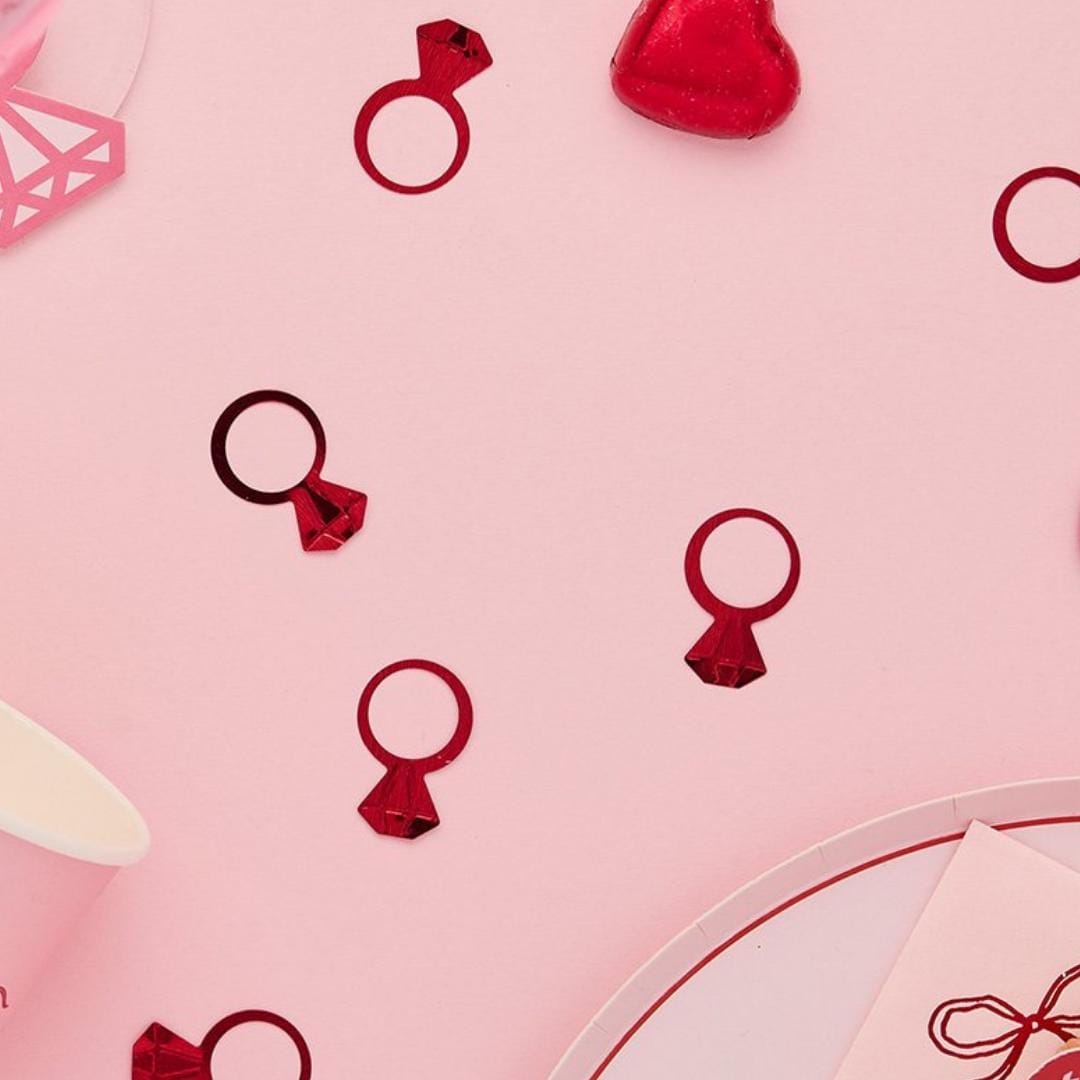 Red Diamond Ring Table Confetti - She’s Tying The Knot Hen Party Decorations - 14g Metallic Table Scatter - Coquette Bride To Be Decor - Jolie Fete UK