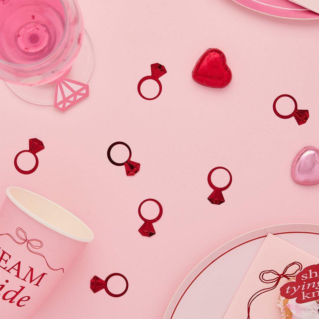 Red Diamond Ring Table Confetti - She’s Tying The Knot Hen Party Decorations - 14g Metallic Table Scatter - Coquette Bride To Be Decor - Jolie Fete UK