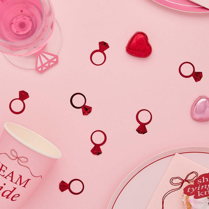 Red Diamond Ring Table Confetti - She’s Tying The Knot Hen Party Decorations - 14g Metallic Table Scatter - Coquette Bride To Be Decor - Jolie Fete UK