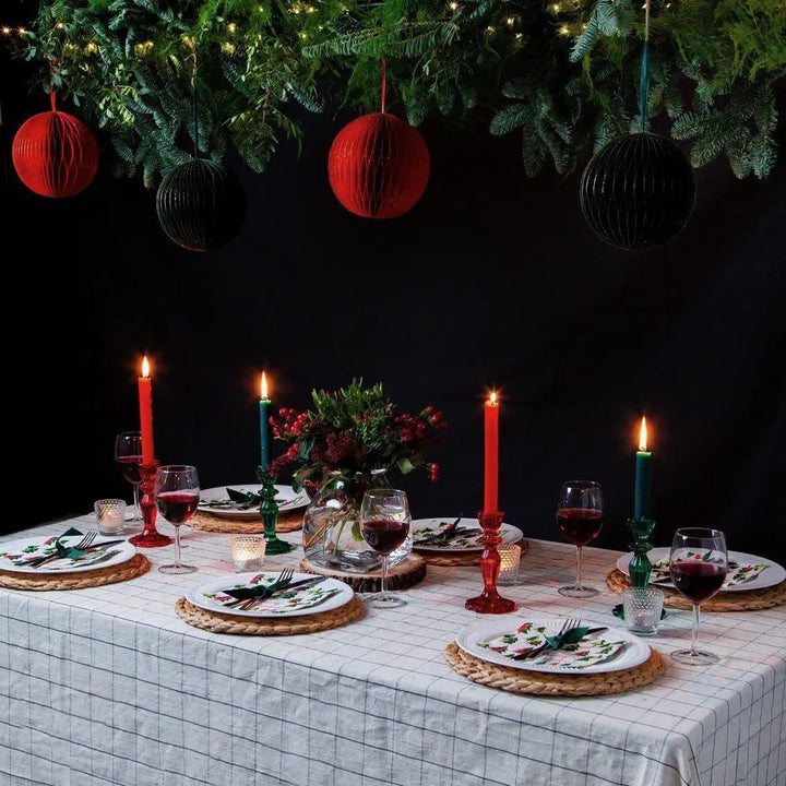 Red Glass Candle Holder - Dinner Candlestick Holder - Christmas Table Decorations - Boho Style - Jolie Fete UK