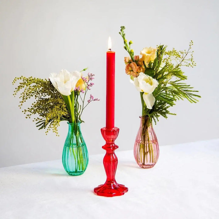 Red Glass Candle Holder - Dinner Candlestick Holder - Christmas Table Decorations - Boho Style - Jolie Fete UK