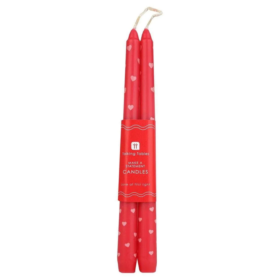 Red Heart Candles -Romantic Red & Pink Patterned Taper Dinner Candles-Valentine's Day Table Decor-Anniversary Gift-Wedding Candles-Pack Of 2 - Jolie Fete UK