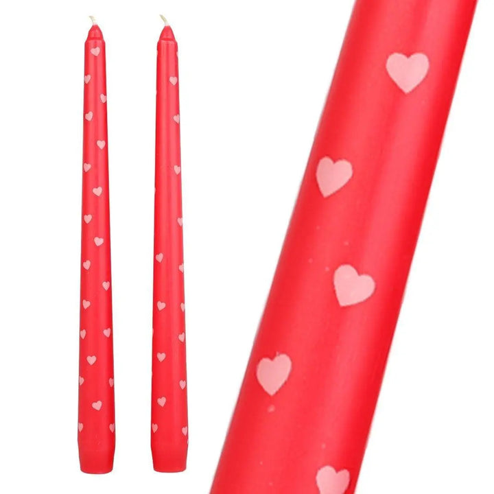 Red Heart Candles -Romantic Red & Pink Patterned Taper Dinner Candles-Valentine's Day Table Decor-Anniversary Gift-Wedding Candles-Pack Of 2 - Jolie Fete UK