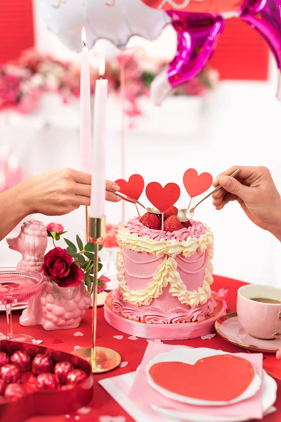 Red Heart Shaped Cake Toppers - Red Heart Cupcake Decorations - Valentine's Day Party - Valentines Decor - Hen Party Napkins - Pack of 6 - Jolie Fete UK