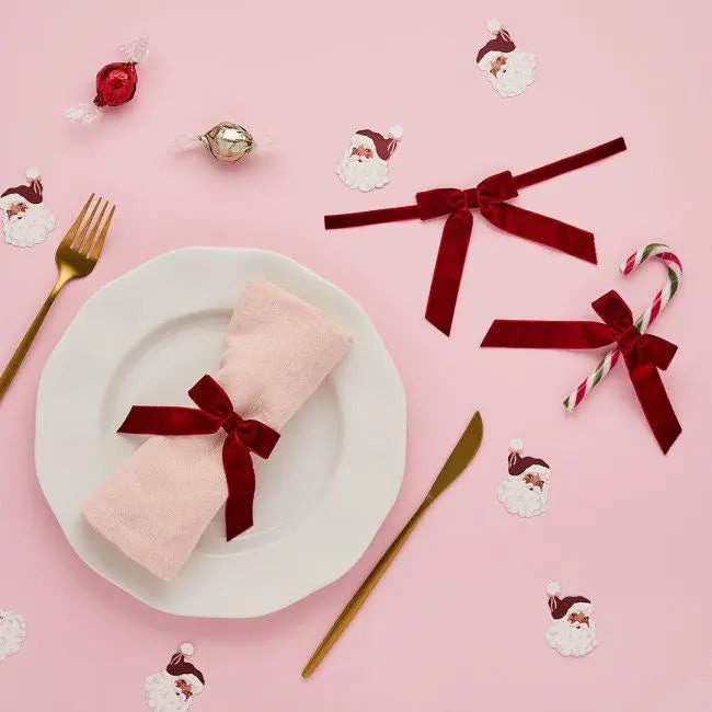 Red Velvet Bow Tie Decorations - Pack of 6 - Christmas Table Bows - Wine Glass Bow Ties - Cutlery Napkin Bows - Festive Xmas Decor - Jolie Fete UK