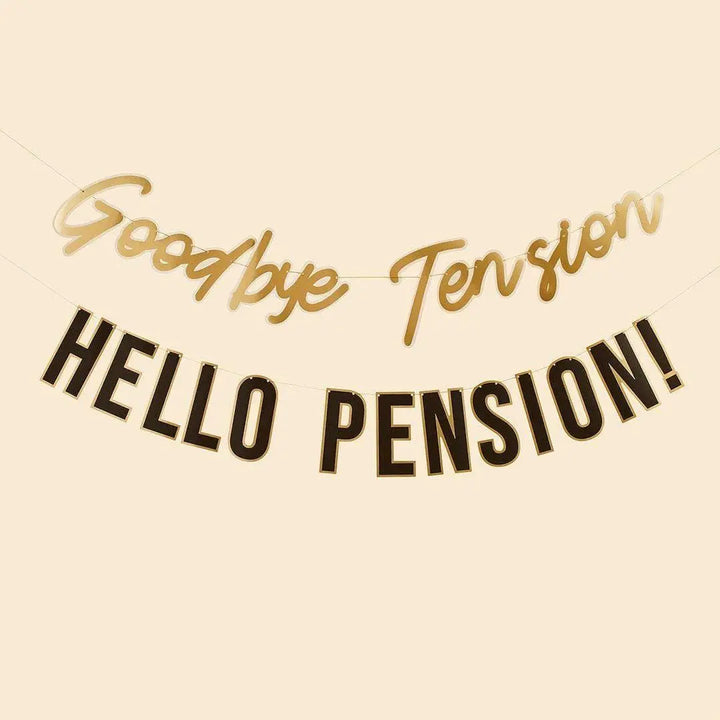 Retirement Banner - Goodbye Tension Hello Pension Bunting - Black & Gold Retirement Party Decorations - Happy Retirement Banner - 2m x 2 - Jolie Fete UK