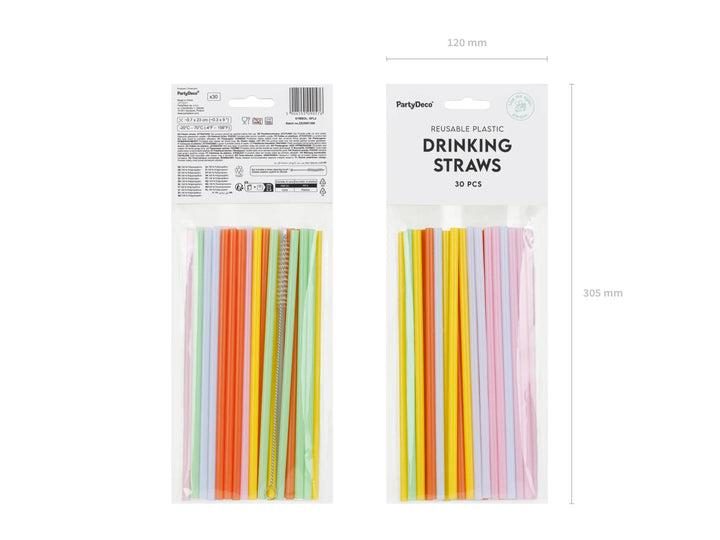Reusable Plastic Straws - Rainbow Party Decor - 23cm Straws with Cleaning Brush - Eco Friendly Party Supplies - Summer BBQ - Pack Of 30 - Jolie Fete UK