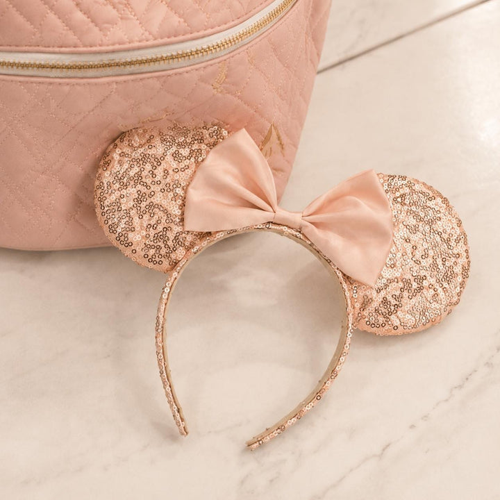 Rose Gold Mouse Ears Headband - Blush Sequin Party Hair Accessory - Dressing Up Ears With Bow - Magical Holiday Headpiece - Fancy Dress Gift - Jolie Fete UK
