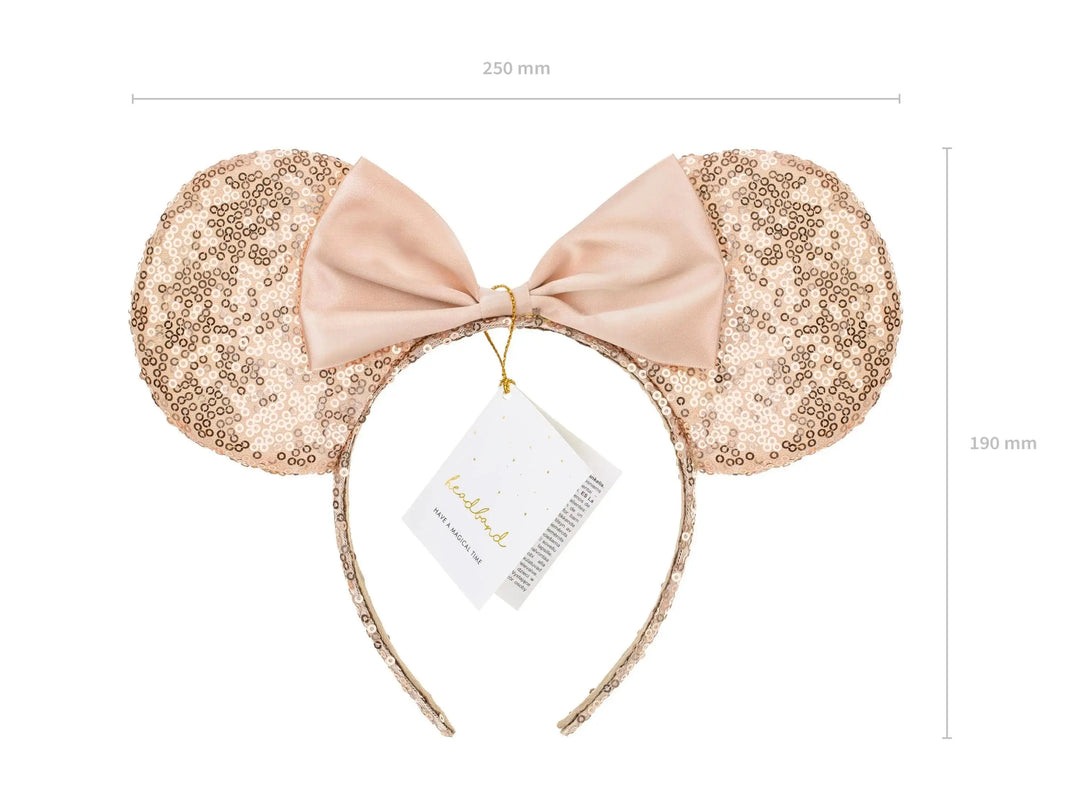 Rose Gold Mouse Ears Headband - Blush Sequin Party Hair Accessory - Dressing Up Ears With Bow - Magical Holiday Headpiece - Fancy Dress Gift - Jolie Fete UK