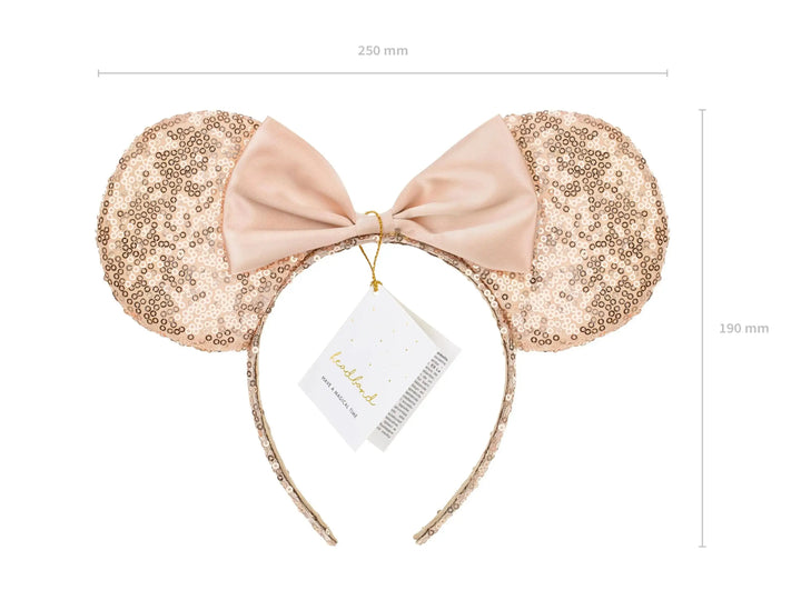 Rose Gold Mouse Ears Headband - Blush Sequin Party Hair Accessory - Dressing Up Ears With Bow - Magical Holiday Headpiece - Fancy Dress Gift - Jolie Fete UK