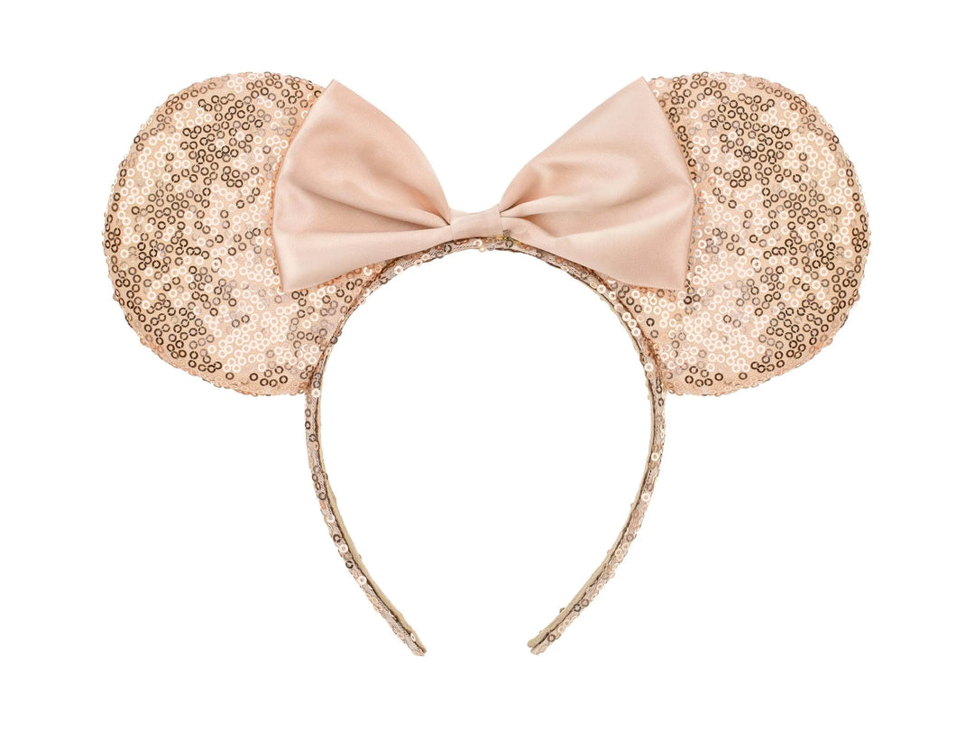 Rose Gold Mouse Ears Headband - Blush Sequin Party Hair Accessory - Dressing Up Ears With Bow - Magical Holiday Headpiece - Fancy Dress Gift - Jolie Fete UK