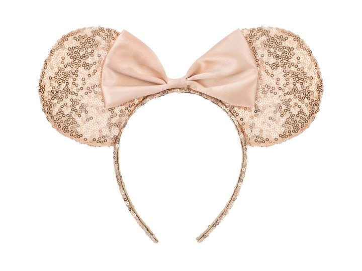 Rose Gold Mouse Ears Headband - Blush Sequin Party Hair Accessory - Dressing Up Ears With Bow - Magical Holiday Headpiece - Fancy Dress Gift - Jolie Fete UK