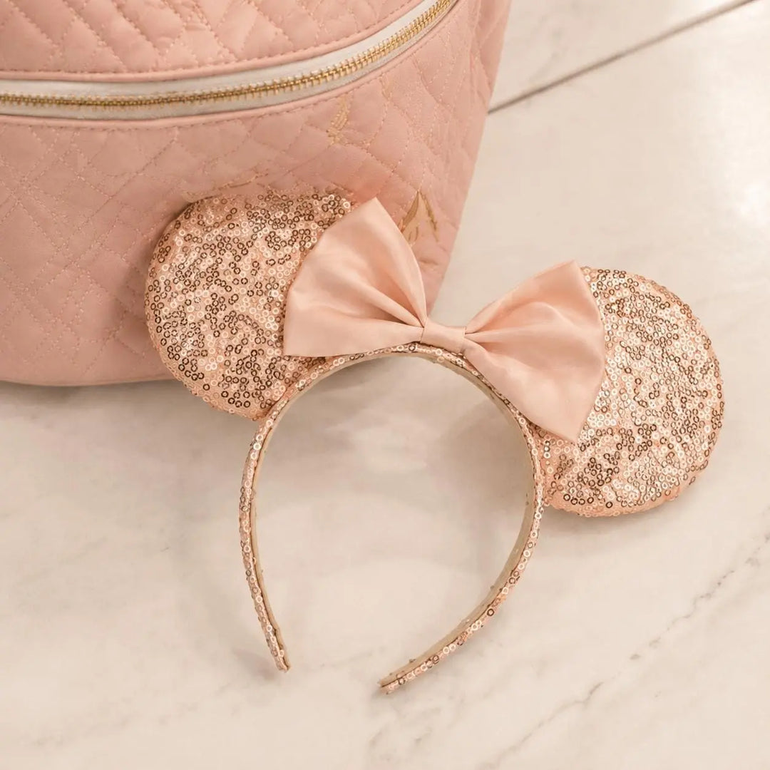 Rose Gold Mouse Ears Headband - Blush Sequin Party Hair Accessory - Dressing Up Ears With Bow - Magical Holiday Headpiece - Fancy Dress Gift - Jolie Fete UK