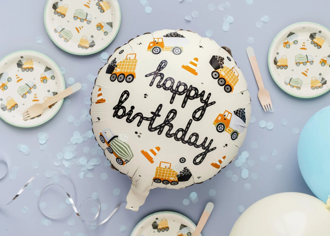 Construction Party Balloon - Happy Birthday Foil Balloon - Digger Vehicle Decorations - Truck Birthday - Cream Balloons - Construction Theme - Jolie Fete UK