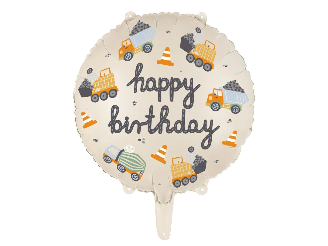 Construction Party Balloon - Happy Birthday Foil Balloon - Digger Vehicle Decorations - Truck Birthday - Cream Balloons - Construction Theme - Jolie Fete UK
