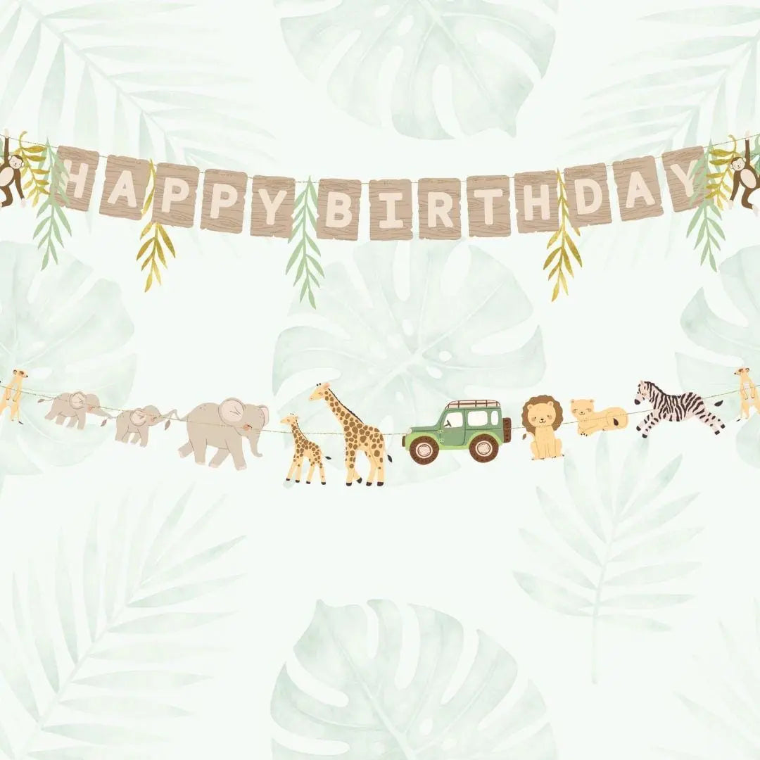 Safari Animal Banner - Happy Birthday Garland - Jungle Party Bunting - First Birthday Decor - Wild One Decoration - Kids Birthday Party - Jolie Fete UK