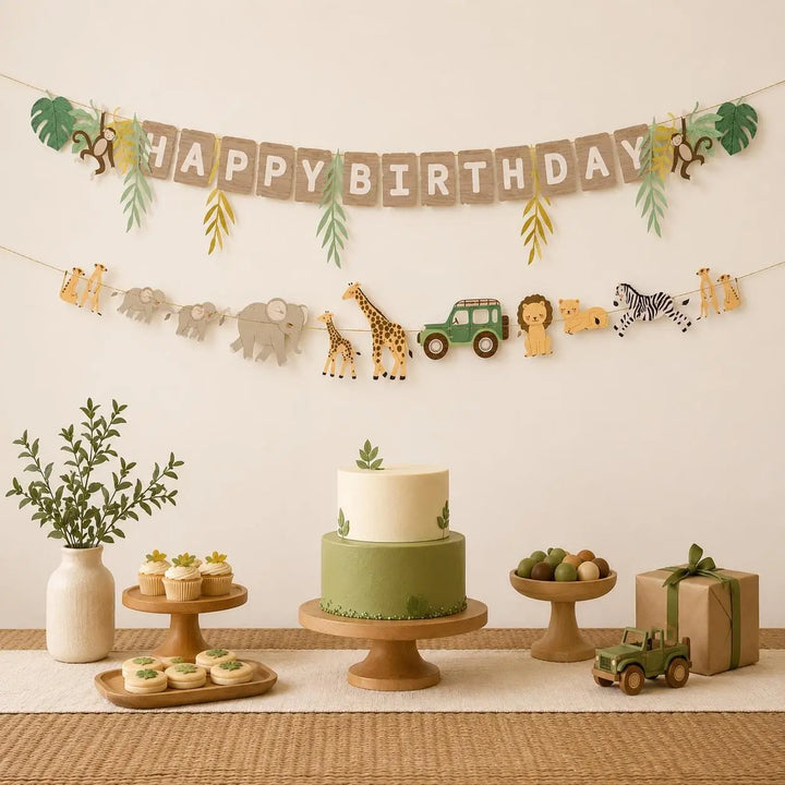 Safari Animal Banner - Happy Birthday Garland - Jungle Party Bunting - First Birthday Decor - Wild One Decoration - Kids Birthday Party - Jolie Fete UK