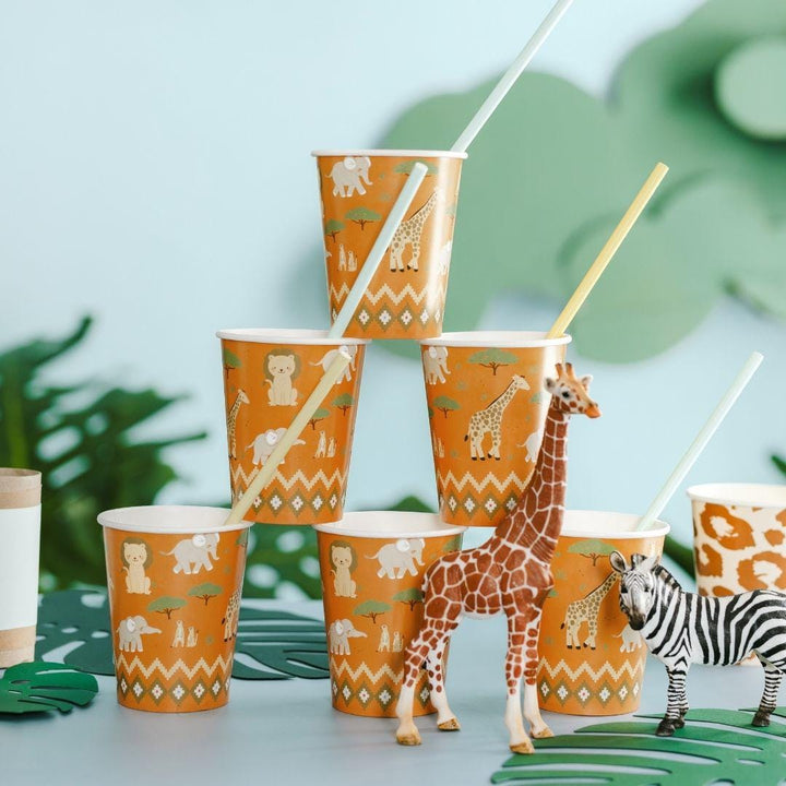 Safari Animal Cups - Jungle Birthday Tableware - Orange Paper Cups - Kids Birthday Decor - Wild One Party - Pack Of 6 - Jolie Fete UK
