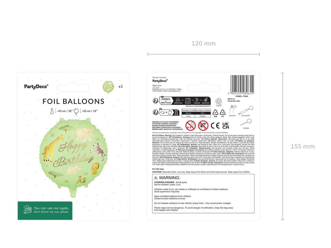 Safari Animal Happy Birthday Balloon - Jungle Theme Foil Balloon - Kids Birthday Balloons - Wild One Party - Giraffe, Zebra, Lion, Elephant - Jolie Fete UK