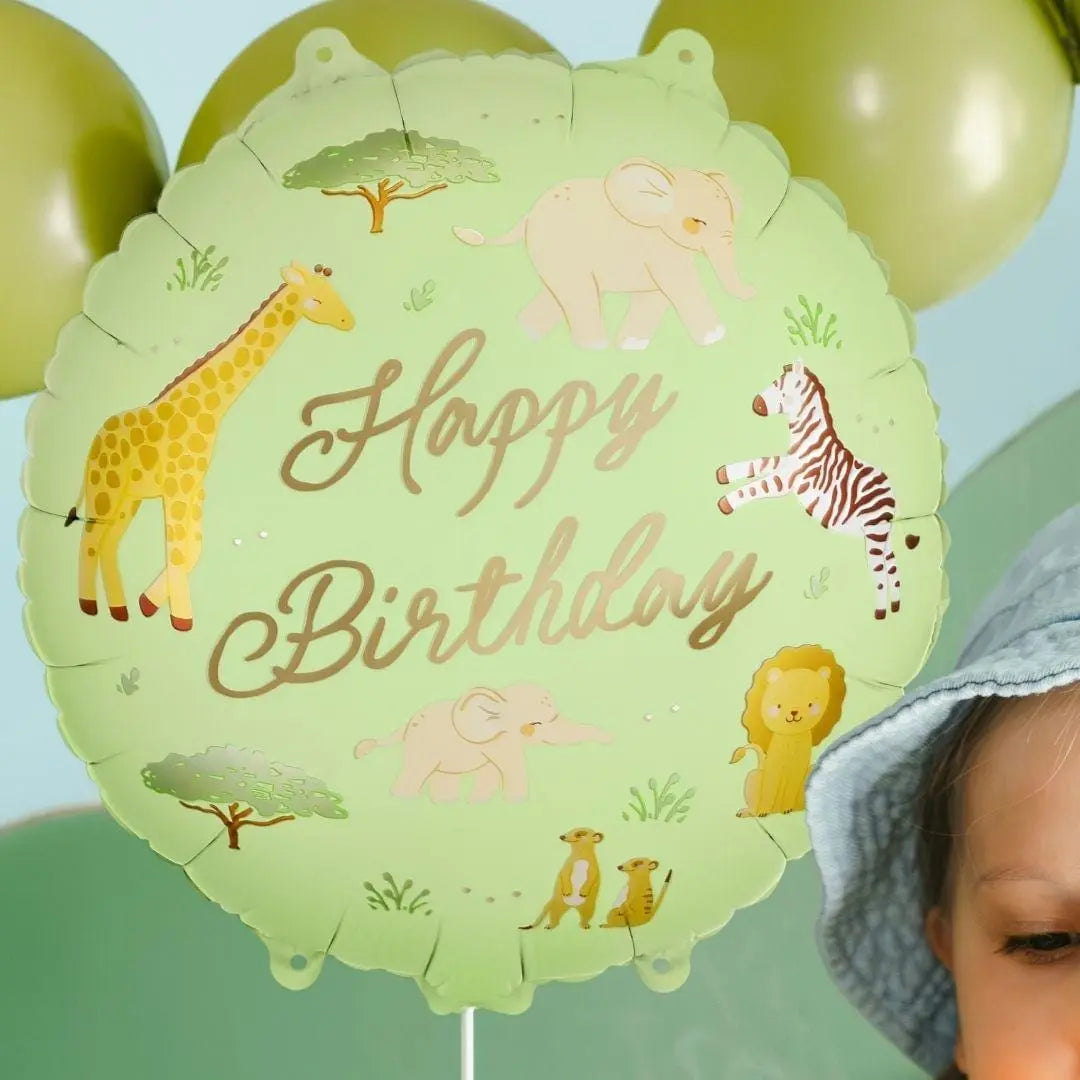 Safari Animal Happy Birthday Balloon - Jungle Theme Foil Balloon - Kids Birthday Balloons - Wild One Party - Giraffe, Zebra, Lion, Elephant - Jolie Fete UK