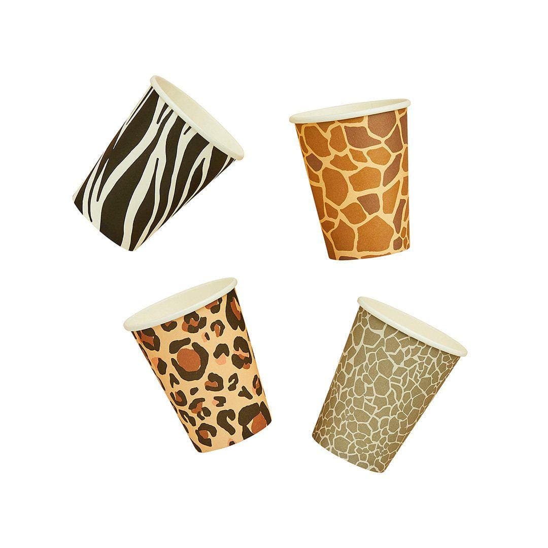 Safari Animal Paper Cups - 4 Designs: Zebra, Elephant, Giraffe, Tiger - Jungle Theme Birthday Party Decor - Wild One Tableware - Pack of 8 - Jolie Fete UK