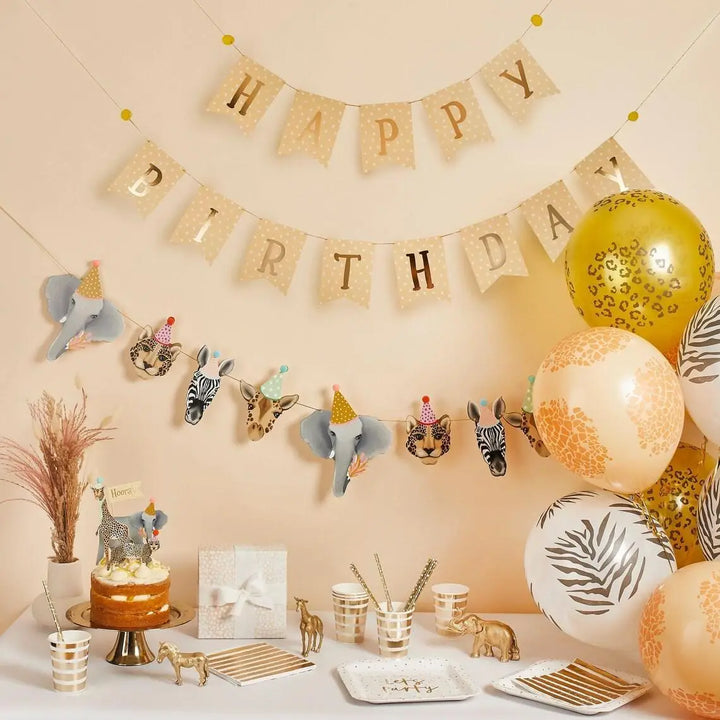 Safari Animal Print Bunting - Jungle Theme Flag Banner - Zebra Elephant Giraffe Tiger Designs - Wild One Birthday Party Decor - 2.5m - Jolie Fete UK