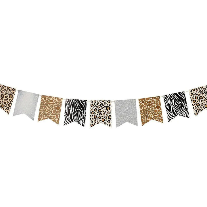 Safari Animal Print Bunting - Jungle Theme Flag Banner - Zebra Elephant Giraffe Tiger Designs - Wild One Birthday Party Decor - 2.5m - Jolie Fete UK