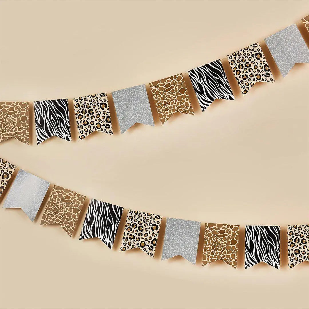 Safari Animal Print Bunting - Jungle Theme Flag Banner - Zebra Elephant Giraffe Tiger Designs - Wild One Birthday Party Decor - 2.5m - Jolie Fete UK