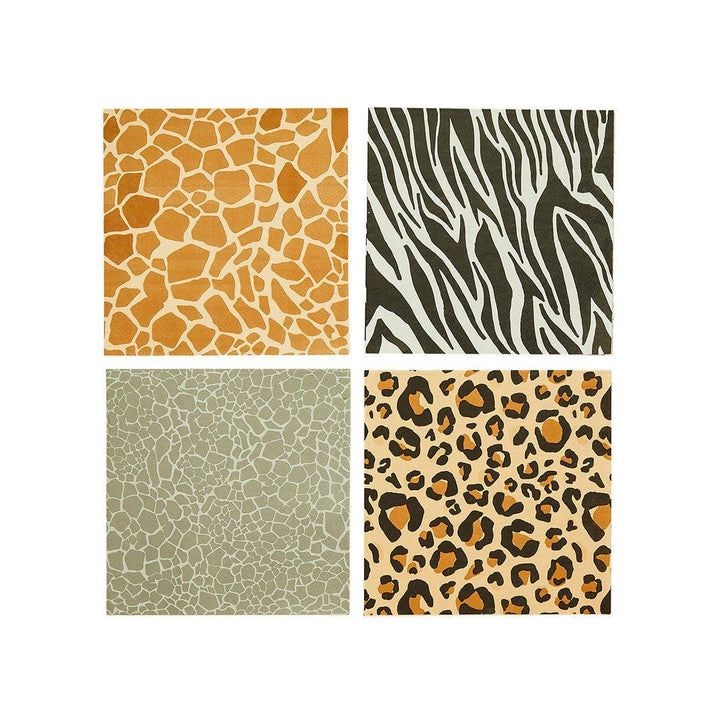 Safari Print Paper Napkins - 4 Mixed Jungle Animal Designs - Wild One Birthday Party Tableware - Leopard Zebra Giraffe Print - Pack of 16 - Jolie Fete UK