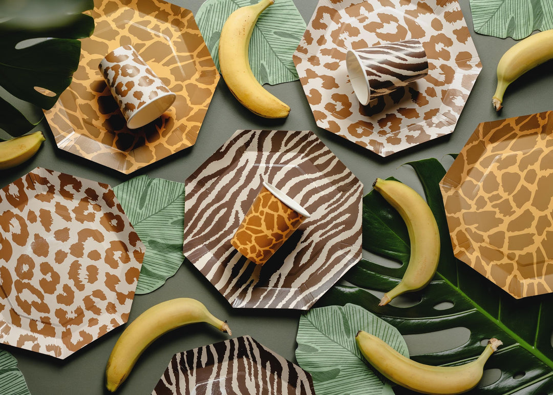 Safari Animal Print Paper Plates - Jungle Theme Birthday Tableware - Zebra Leopard, Giraffe Octagonal Plates - Wild One Decor - Pack Of 8 - Jolie Fete UK