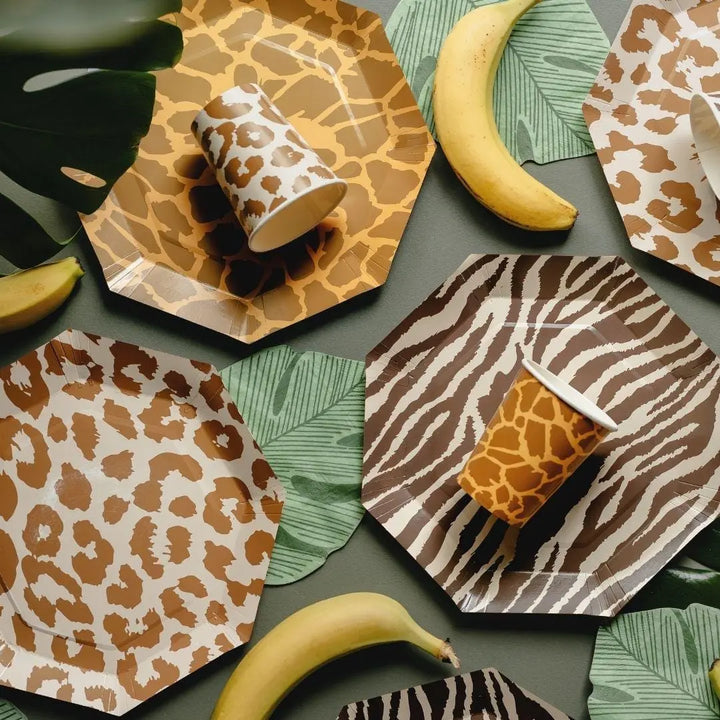 Safari Animal Print Paper Plates - Jungle Theme Birthday Tableware - Zebra Leopard, Giraffe Octagonal Plates - Wild One Decor - Pack Of 8 - Jolie Fete UK
