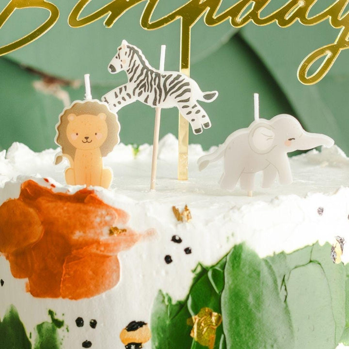 Safari Birthday Candles - Jungle Animal Cake Toppers - Kids Birthday Candles - Wild One Cake Decor - Lion, Elephant & Zebra - Pack Of 3 - Jolie Fete UK