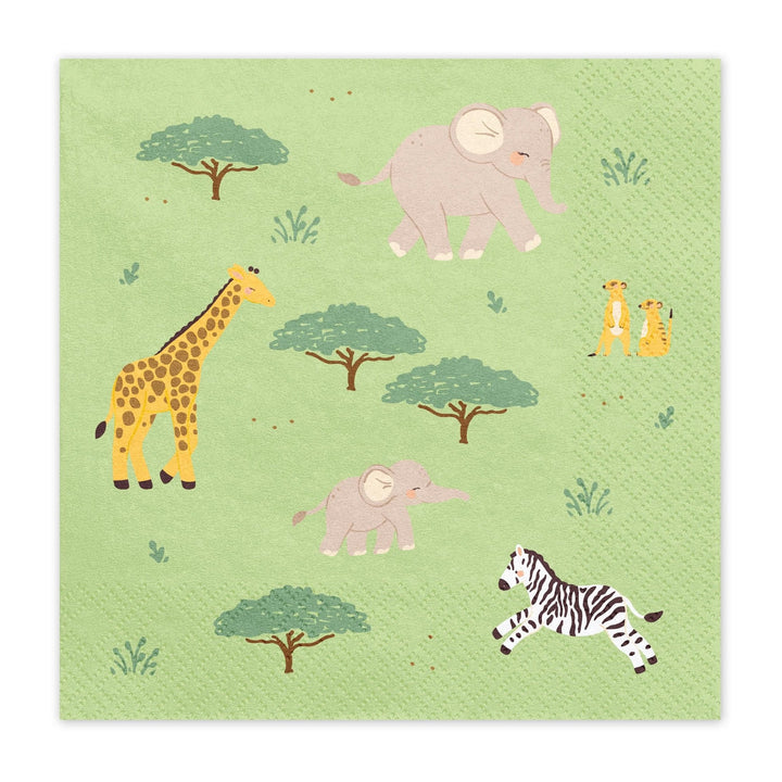 Safari Paper Napkins - Kids Jungle Party Tableware - Green & Orange Animal Napkins - First Birthday Decor - Wild One Theme - Pack Of 12 - Jolie Fete UK