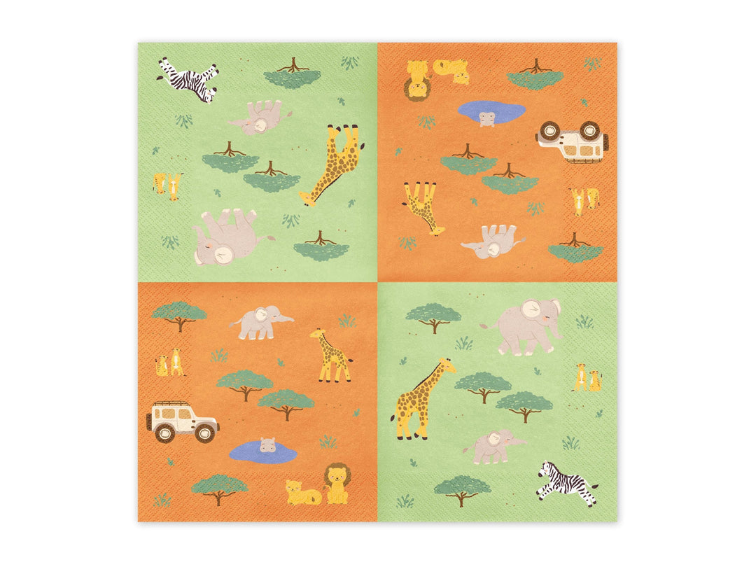 Safari Paper Napkins - Kids Jungle Party Tableware - Green & Orange Animal Napkins - First Birthday Decor - Wild One Theme - Pack Of 12 - Jolie Fete UK