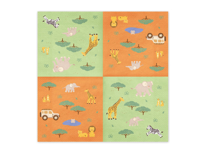 Safari Paper Napkins - Kids Jungle Party Tableware - Green & Orange Animal Napkins - First Birthday Decor - Wild One Theme - Pack Of 12 - Jolie Fete UK