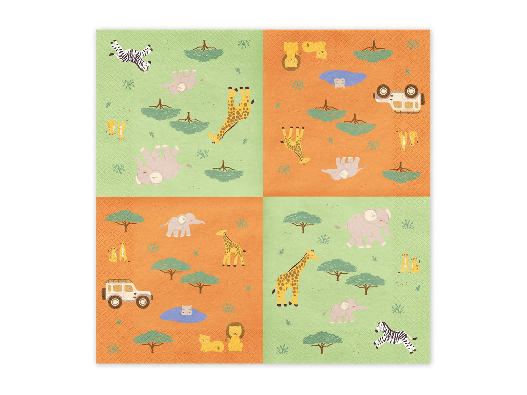 Safari Paper Napkins - Kids Jungle Party Tableware - Green & Orange Animal Napkins - First Birthday Decor - Wild One Theme - Pack Of 12 - Jolie Fete UK