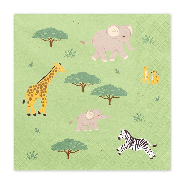 Safari Paper Napkins - Kids Jungle Party Tableware - Green & Orange Animal Napkins - First Birthday Decor - Wild One Theme - Pack Of 12 - Jolie Fete UK