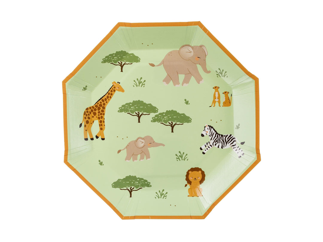Safari Paper Plates - Kids Jungle Party Decorations - Green Octagonal Safari Animals Plates for Birthday - Wild One Tableware - Pack Of 8 - Jolie Fete UK