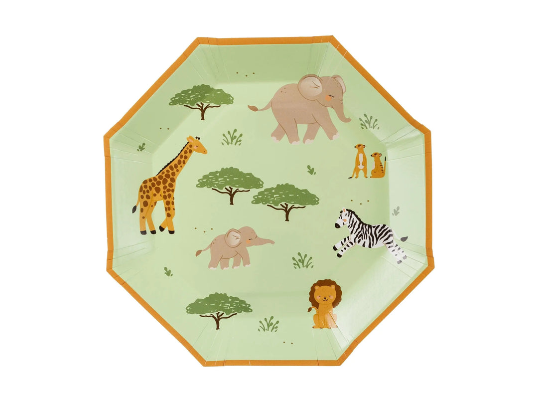 Safari Paper Plates - Kids Jungle Party Decorations - Green Octagonal Safari Animals Plates for Birthday - Wild One Tableware - Pack Of 8 - Jolie Fete UK