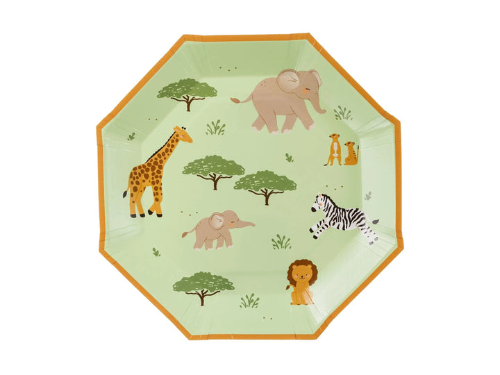 Safari Paper Plates - Kids Jungle Party Decorations - Green Octagonal Safari Animals Plates for Birthday - Wild One Tableware - Pack Of 8 - Jolie Fete UK