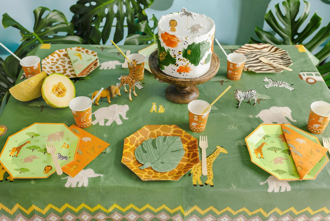 Safari Tablecloth - Kids Jungle Table Cover - Green Poly Cotton Tablecloth - First Birthday Party - Wild One Decor - Jolie Fete UK