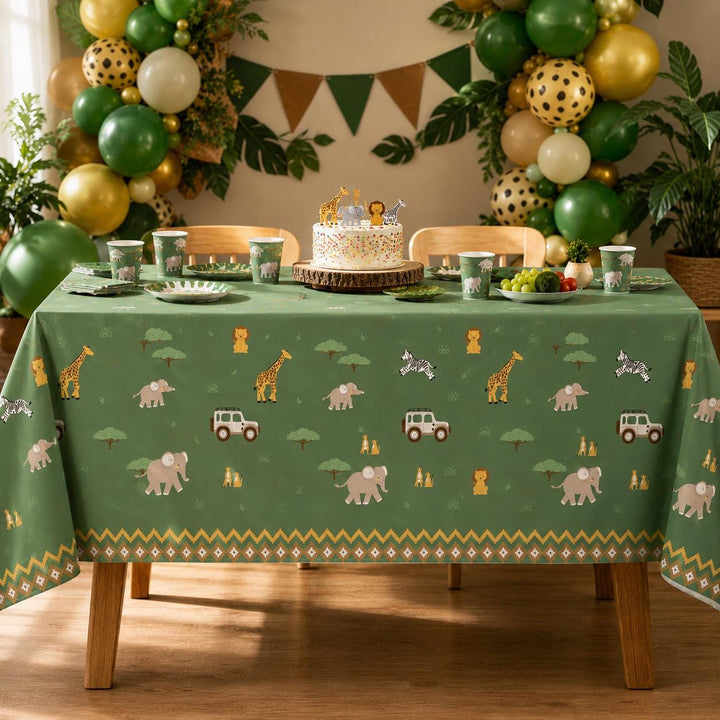 Safari Tablecloth - Kids Jungle Table Cover - Green Poly Cotton Tablecloth - First Birthday Party - Wild One Decor - Jolie Fete UK