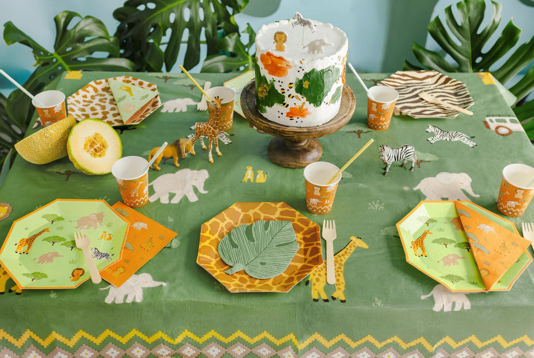 Safari Tablecloth - Kids Jungle Table Cover - Green Poly Cotton Tablecloth - First Birthday Party - Wild One Decor - Jolie Fete UK
