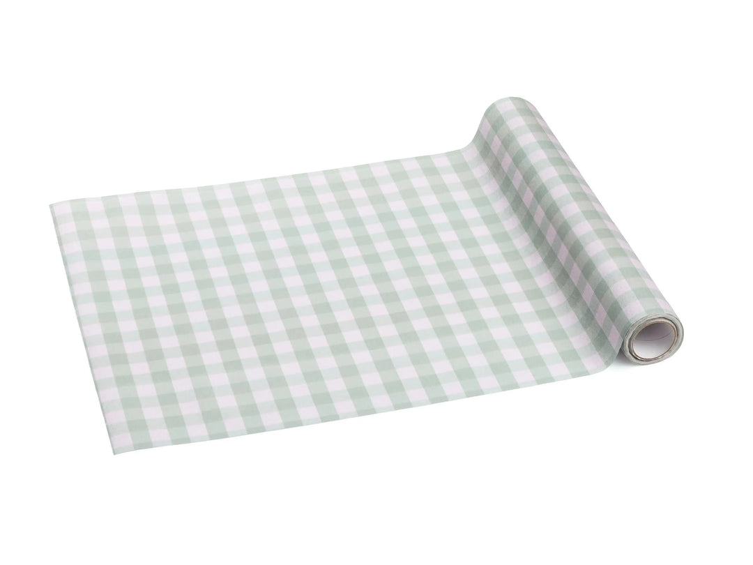 Sage Green Gingham Table Runner - Non-Woven Fabric Table Runner - Picnic Theme Table Decor - Baby Shower Supplies - Garden Party Decor - 5m - Jolie Fete UK