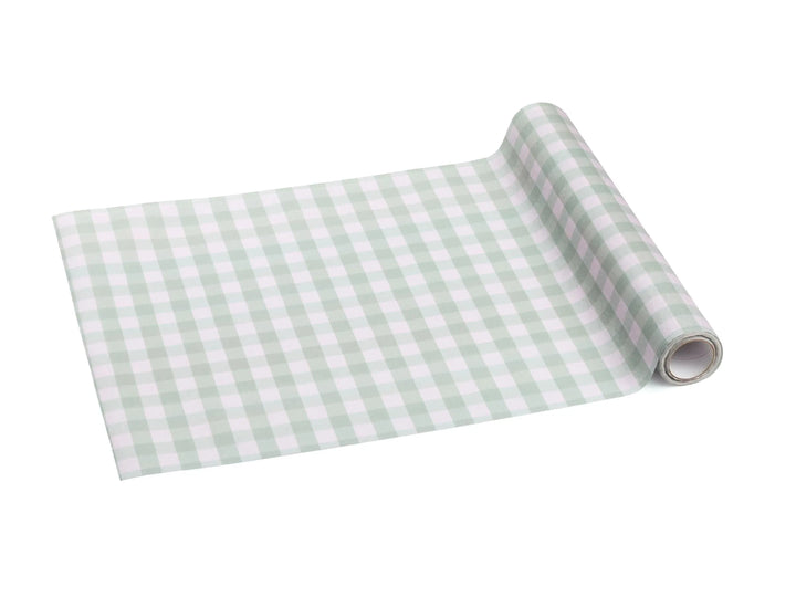 Sage Green Gingham Table Runner - Non-Woven Fabric Table Runner - Picnic Theme Table Decor - Baby Shower Supplies - Garden Party Decor - 5m - Jolie Fete UK