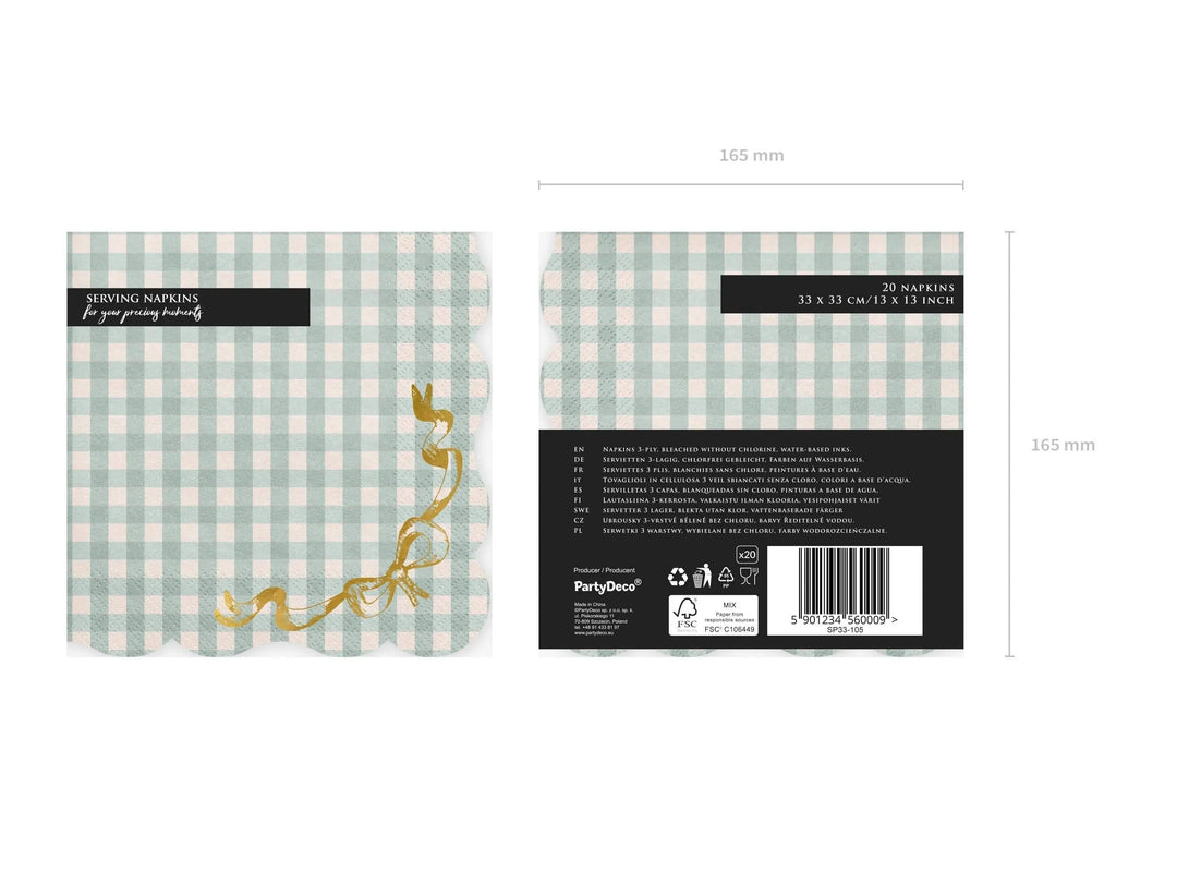 Checkered Paper Napkins With Bow - Gingham Tableware - Pastel Green & Gold Party Supplies - Baby Shower - Picnic Decor - Pack Of 12 - Jolie Fete UK