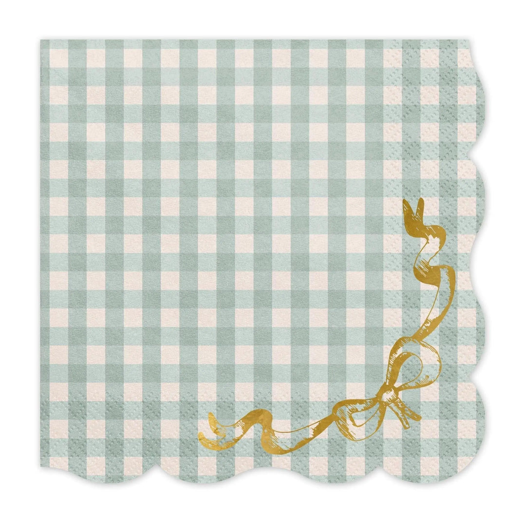 Checkered Paper Napkins With Bow - Gingham Tableware - Pastel Green & Gold Party Supplies - Baby Shower - Picnic Decor - Pack Of 12 - Jolie Fete UK