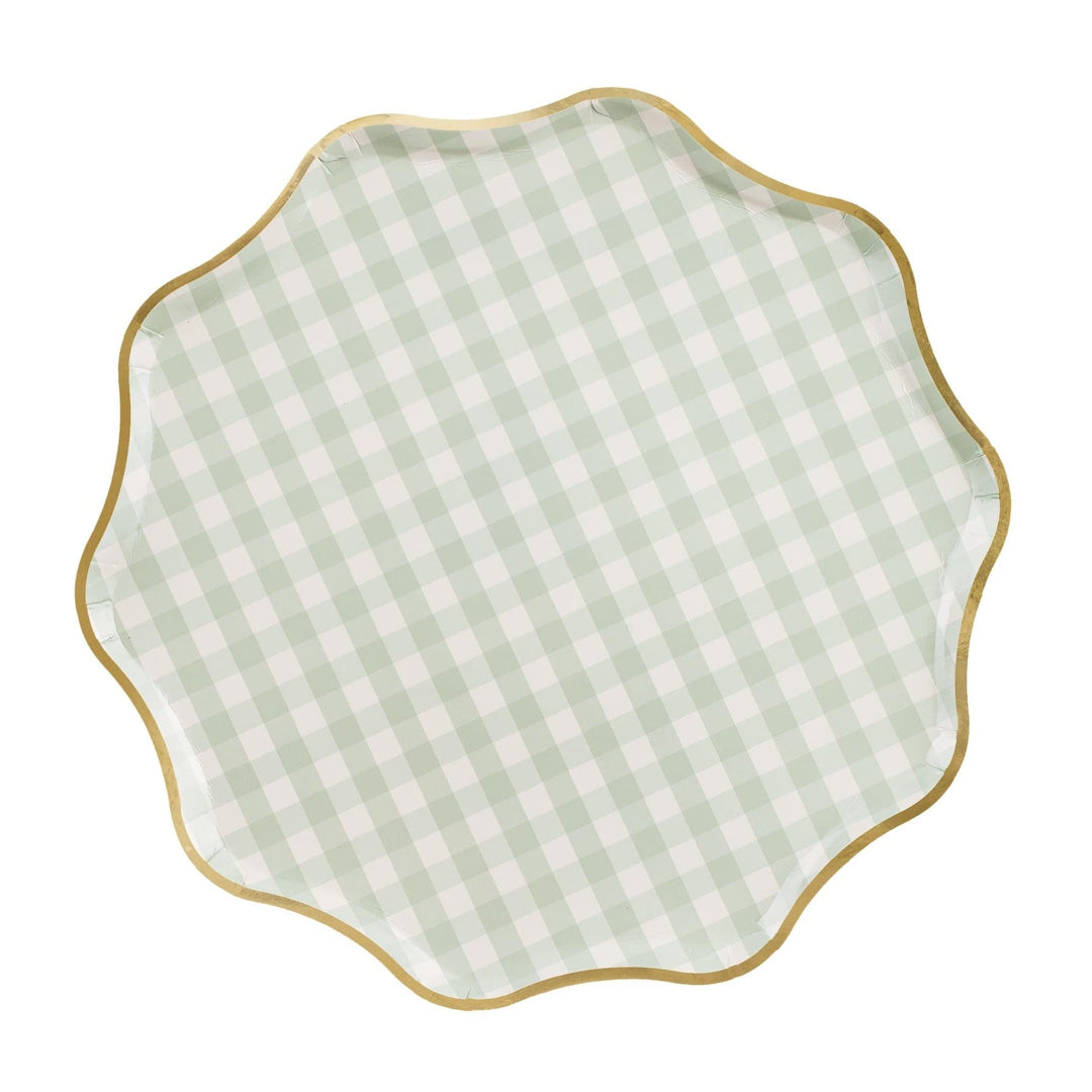 Checkered Party Paper Plates With Gold Edge - Gingham Disposable Plates - Pastel Green Tableware - Baby Shower Decor - 23cm - Pack Of 6 - Jolie Fete UK