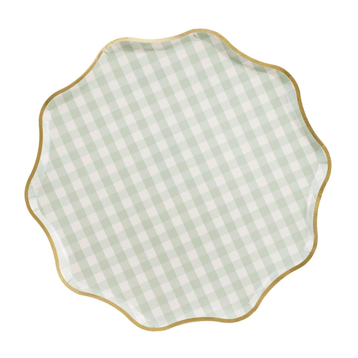 Checkered Party Paper Plates With Gold Edge - Gingham Disposable Plates - Pastel Green Tableware - Baby Shower Decor - 23cm - Pack Of 6 - Jolie Fete UK